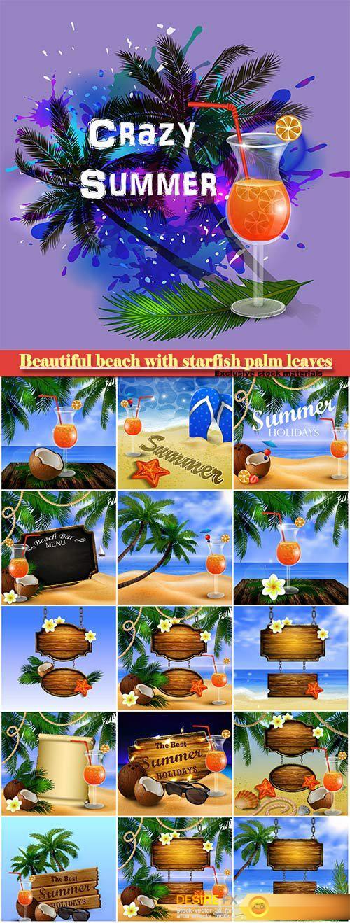 Beautiful beach with starfish palm leaves rope and wooden boards on chain and glass of beverage vector illustration