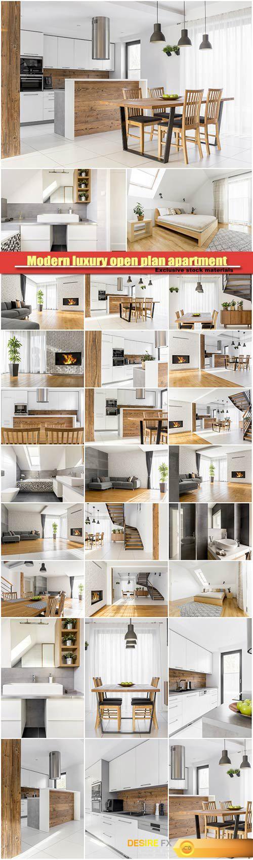 Modern luxury open plan apartment, kitchen, bedroom
