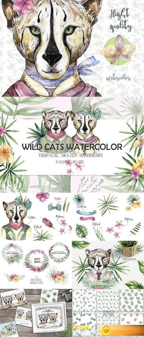 Wild Cats. Tropical watercolor 1318206
