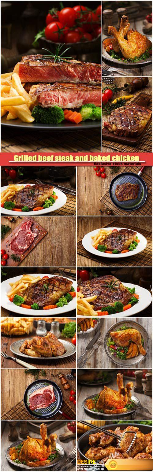 Grilled beef steak and baked chicken legserved with french fries and vegetables Grilled beef steak and baked chicken legserved with french fries and vegetables