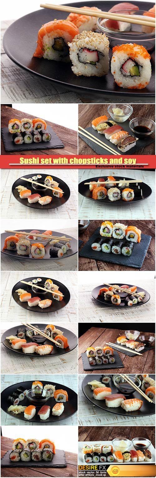 Sushi set with chopsticks and soy, sushi roll