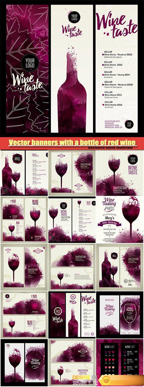 Vector banners with a bottle of red wine and a glass