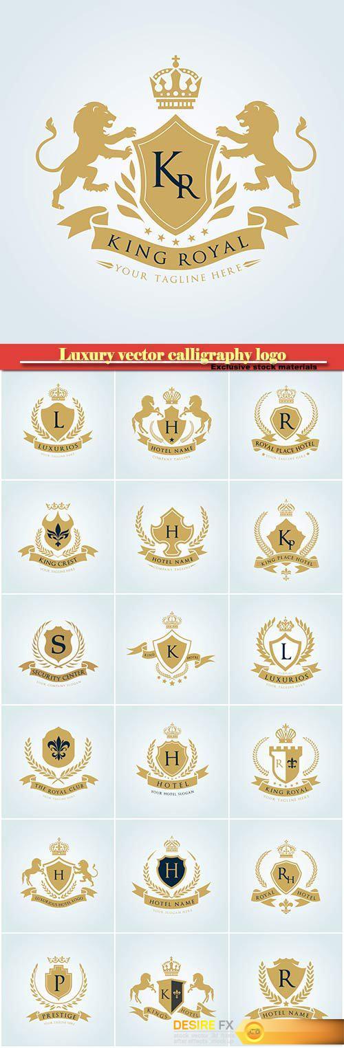 Luxury vector calligraphy logo, heraldry stamp premium insignia design crown