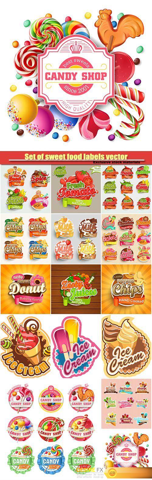 Set of sweet food labels vector illustration for cafe and restaurant menu
