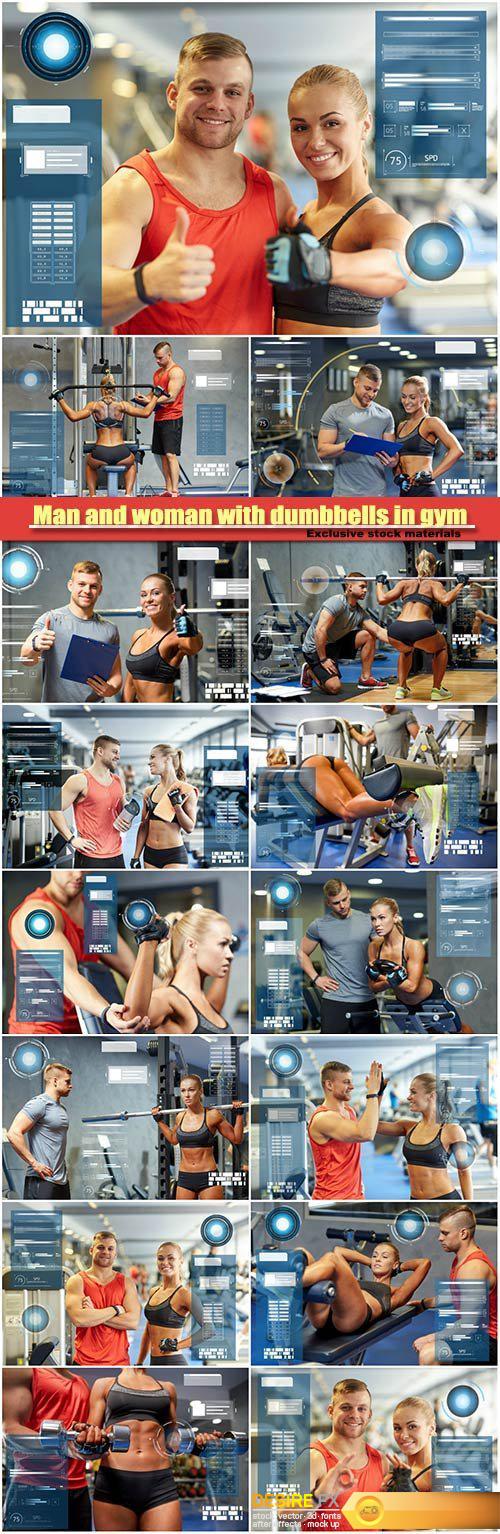 Man and woman with dumbbells in gym