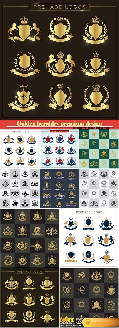 Golden heraldry premium design crown vector, emblems, logos