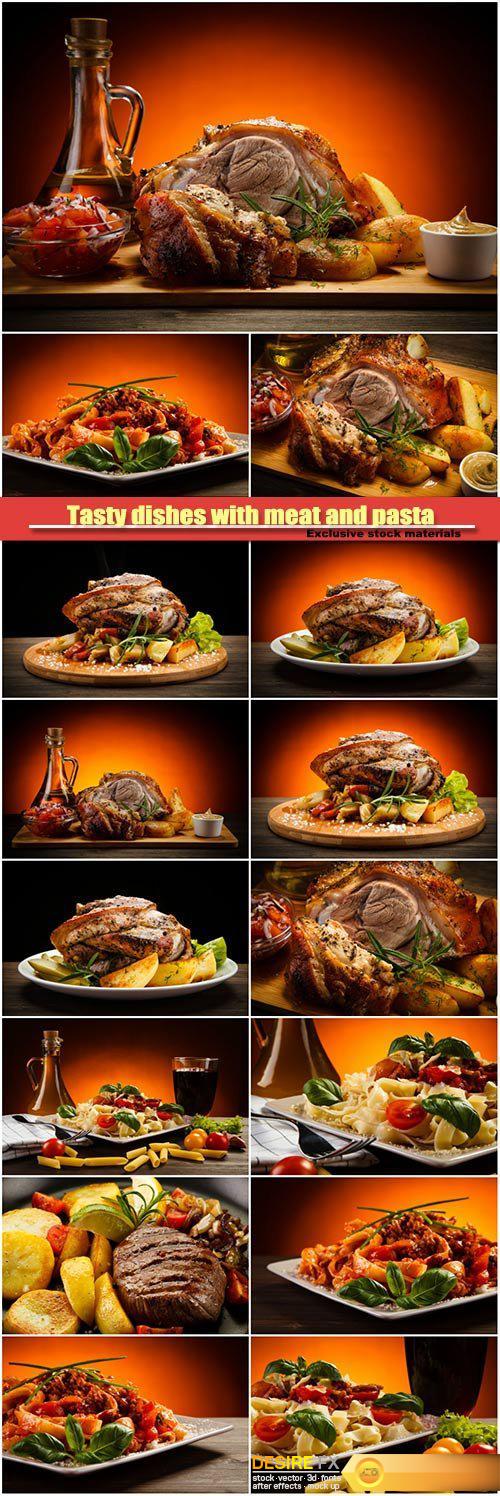 Tasty dishes with meat and pasta