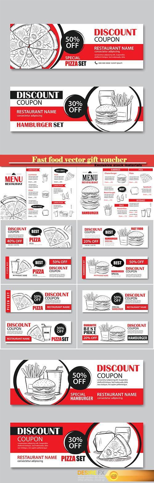Fast food gift voucher and coupon sale discount template flat design, vector set of hamburger, french fries, sandwich, pizza hand drawn background