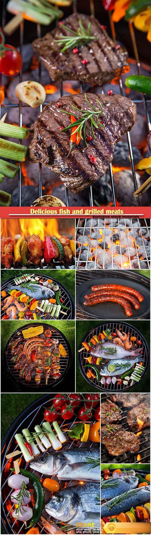 Delicious fish and grilled meats with vegetables