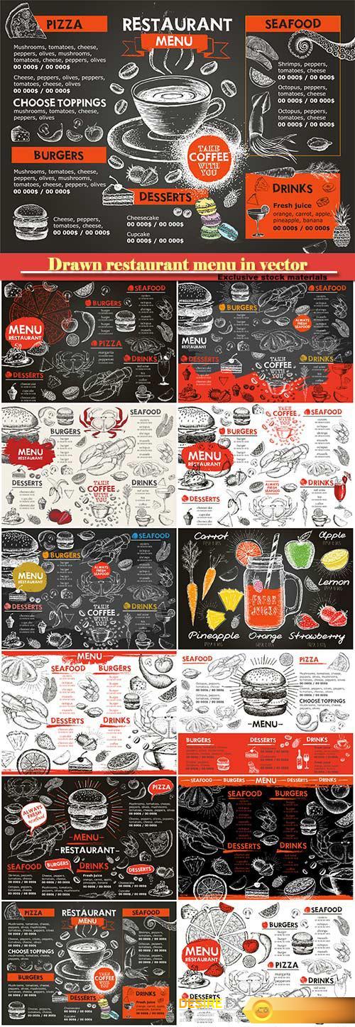 Drawn restaurant menu in vector, desserts, drinks, fast food, seafood