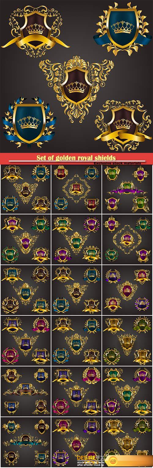 Set of golden royal shields with vector floral elements, ribbons, laurel wreaths for page, old frame, border, crown, divider in vintage style for label