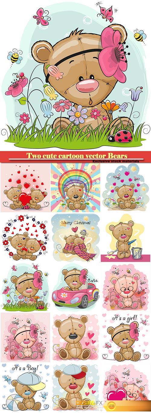 Two cute cartoon vector Bears on a flowers background