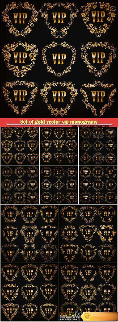 Set of gold vector vip monograms for graphic design on black background