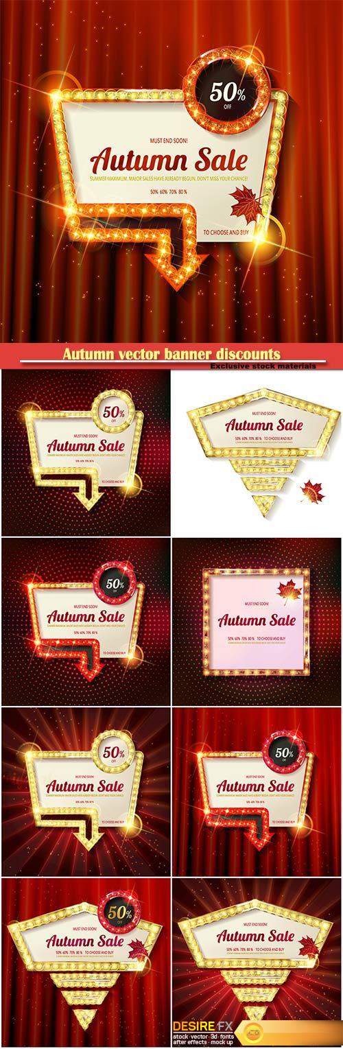Autumn vector banner discounts, golden vintage frame on the background of the curtain