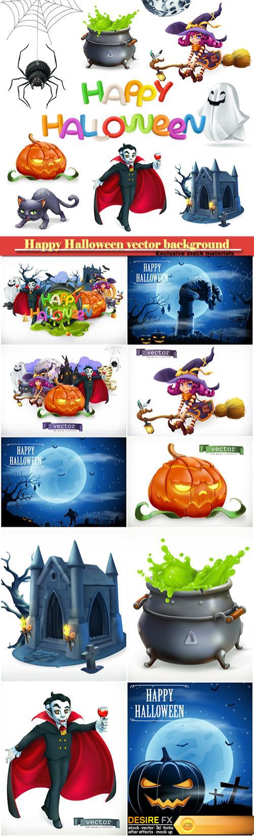 Happy Halloween vector background, pumpkin, spider, cat, witch, vampire, crypt and lettering, 3d vector icon set