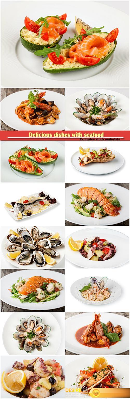 Delicious dishes with seafood, lobster, mussels, octopus, salmon