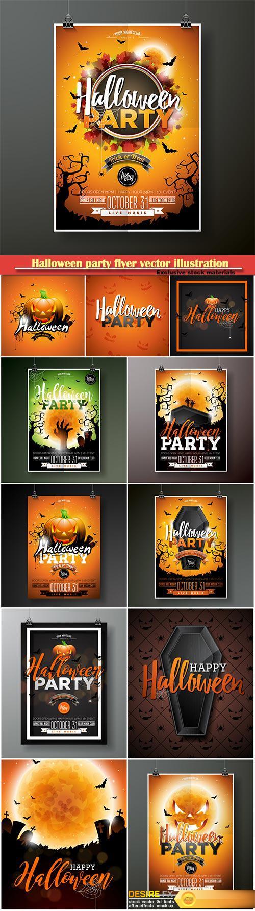 Halloween party flyer vector illustration with moon on orange sky background, spiders and bats for party invitation, greeting card