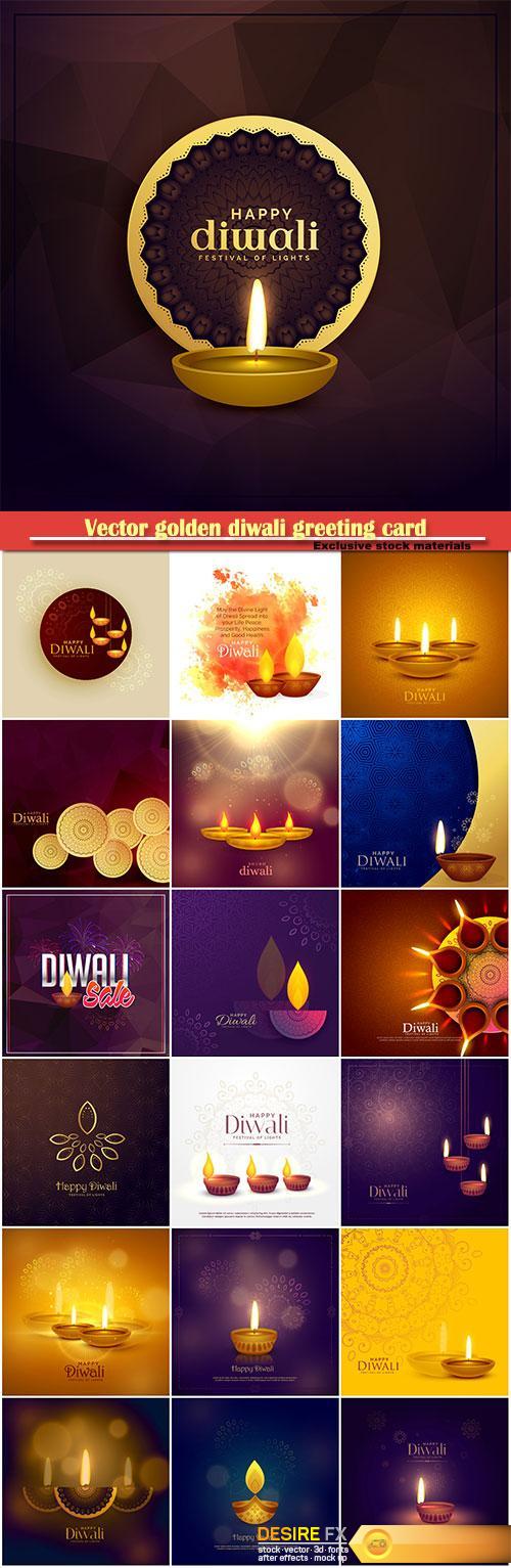 Vector golden diwali greeting card design with diya lamp