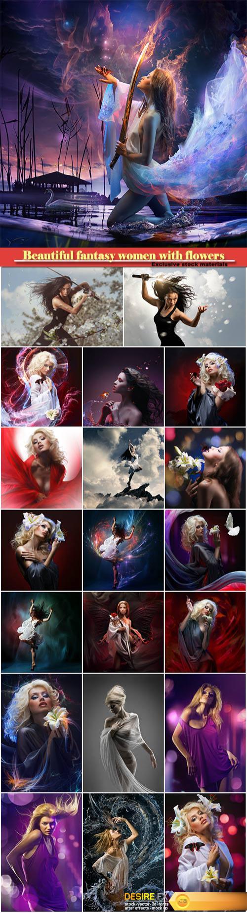Beautiful fantasy women with flowers and butterflies
