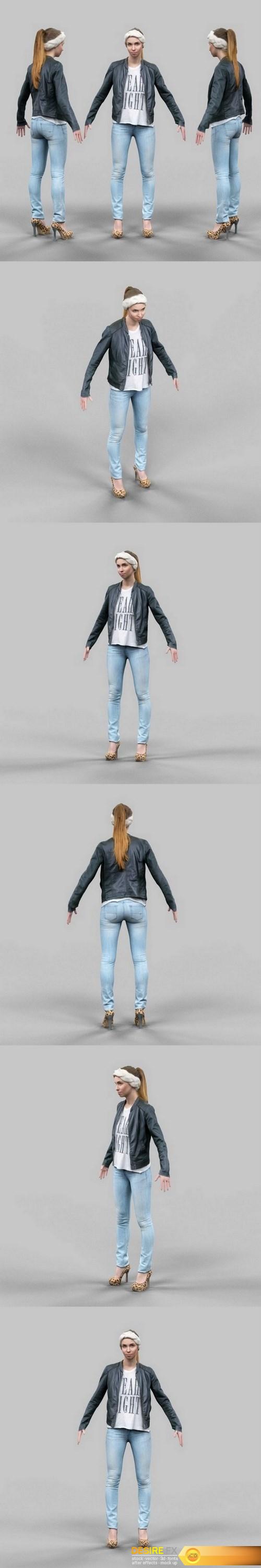Cute girl in jeans leather jacket and bandana A-Pose VR AR low-poly 3D model