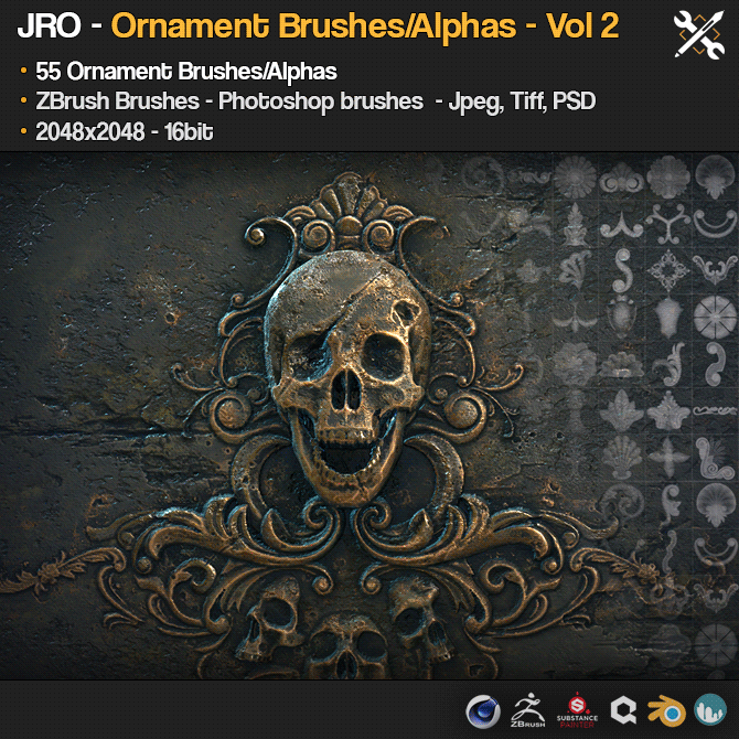 ZBrushSP - 55 Ornament Brushes + alphaheight maps - Vol2