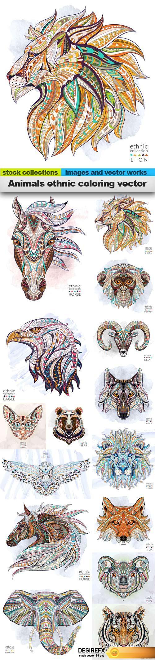 Animals ethnic coloring vector, 15 x EPS