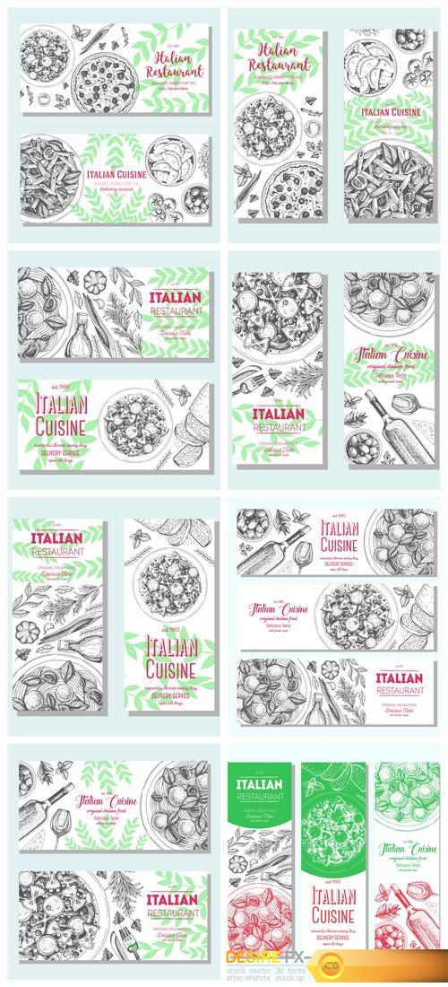 Italian food vintage design template Vertical banners set 8X EPS