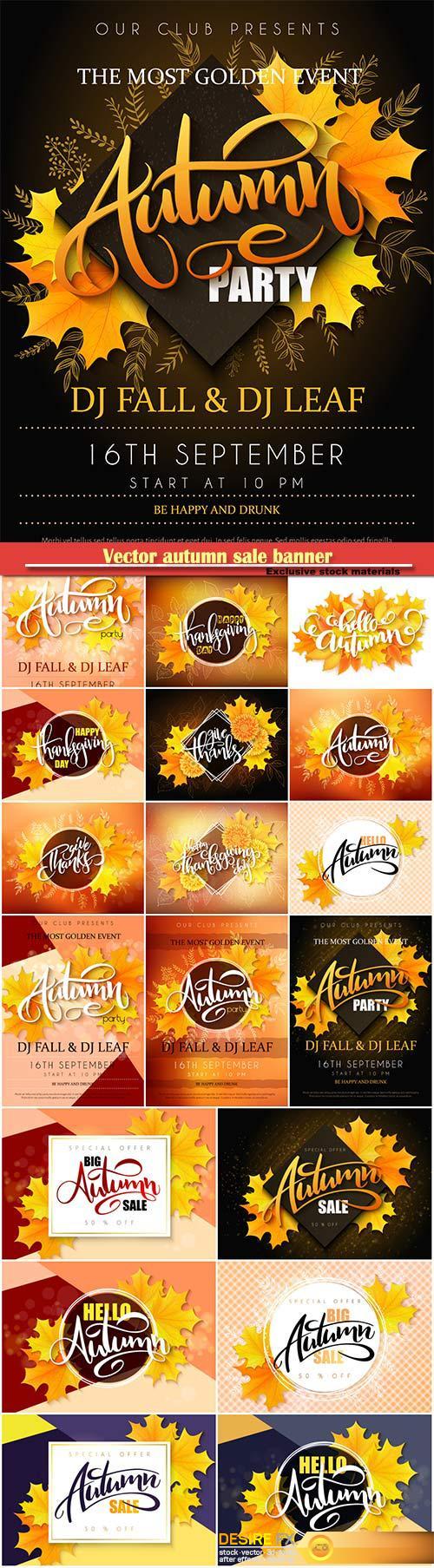 Vector autumn sale banner with hand lettering and yellow autumn maple leaves