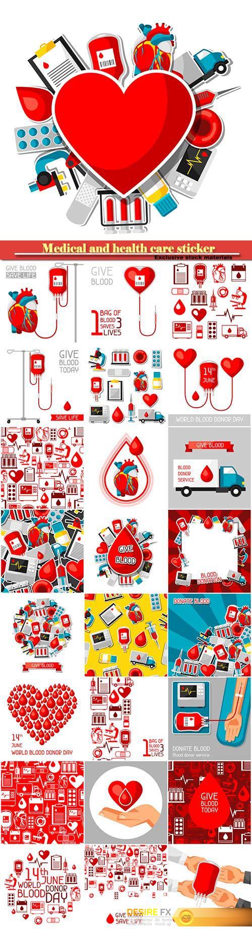 Medical and health care sticker objects, blood donation items