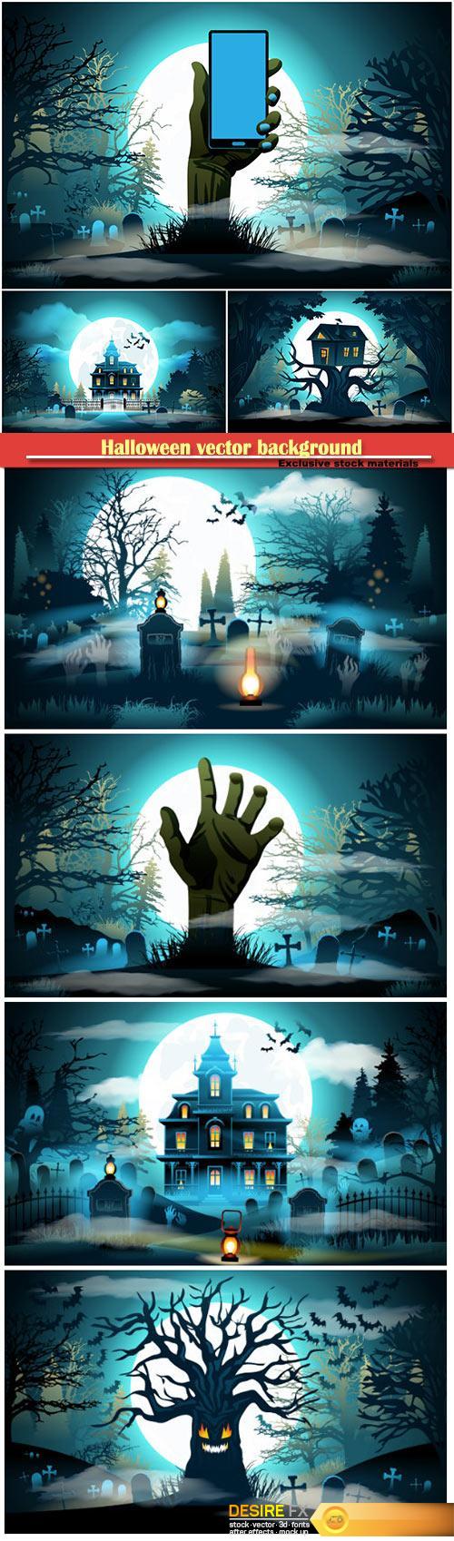 Halloween vector background, old scary house, castle and cemetery on blue moon background