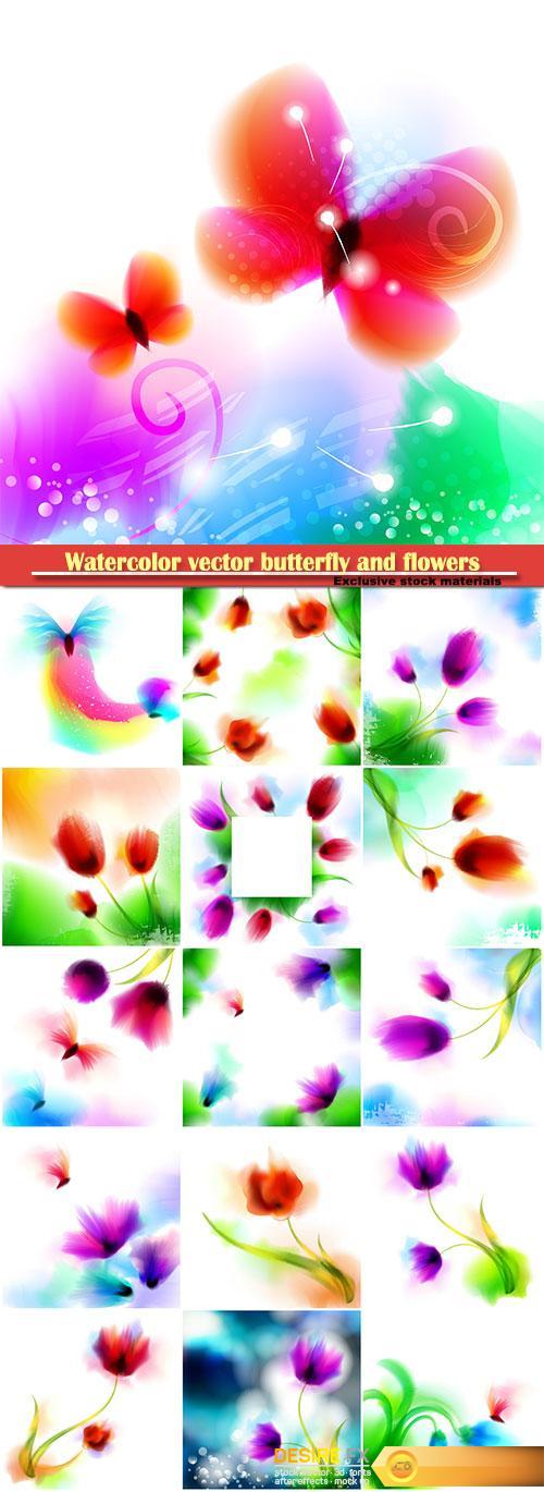 Watercolor vector romantic butterfly and blooming flowers
