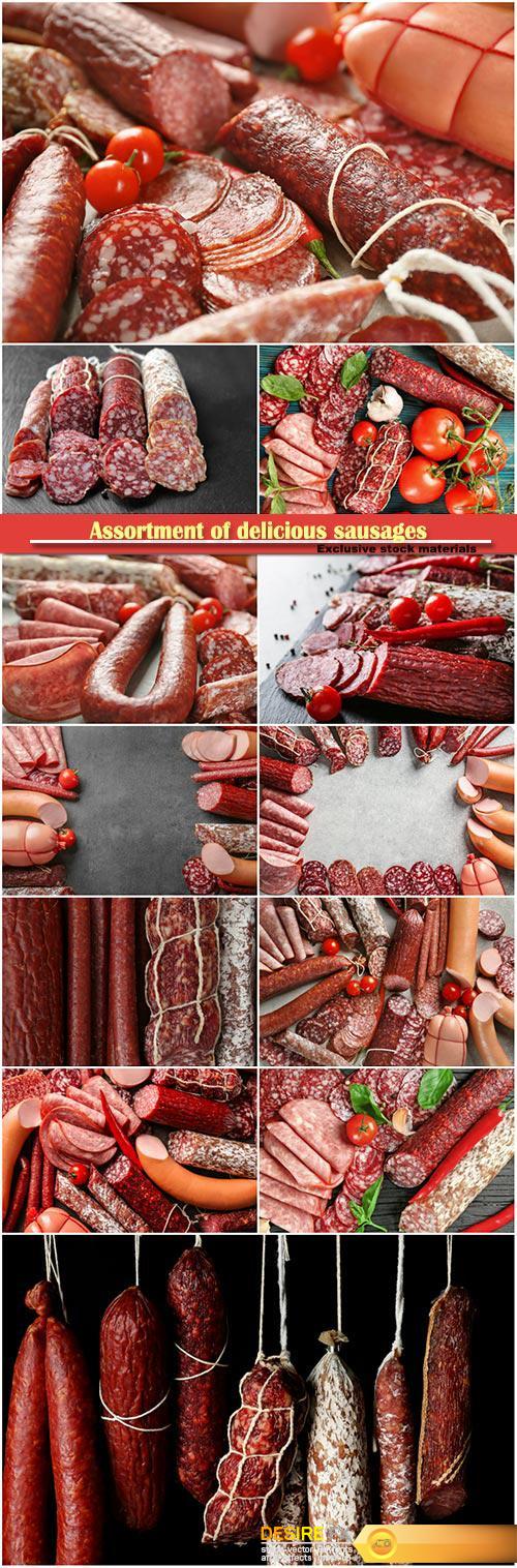 Assortment of delicious sausages, meat products and vegetables