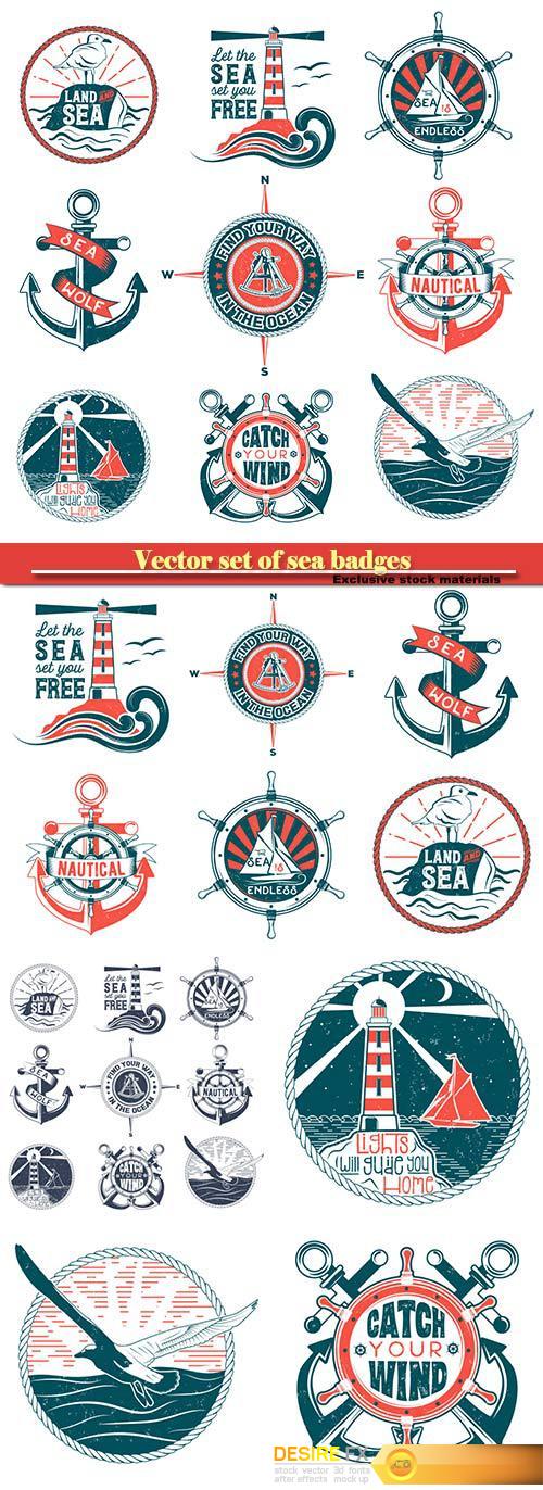 Vector set of badges with a general theme of the sea with the image of a wash, gulls, steering wheel, anchors