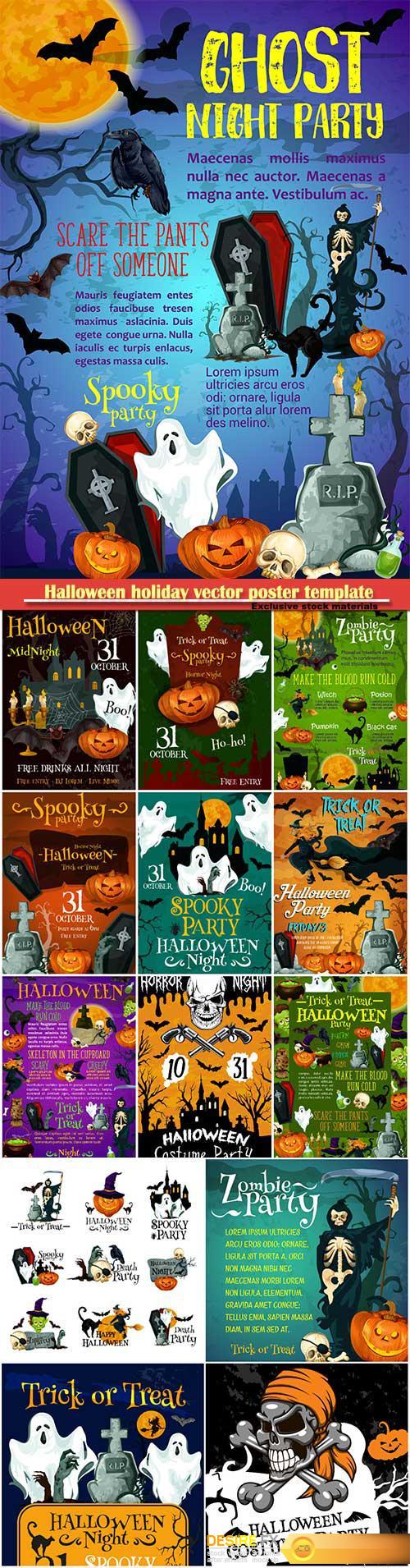 Halloween holiday vector poster template, pumpkin with witch hat, spider and skull, flying bat and ghost, creepy skeleton with scythe, cemetery and zombie