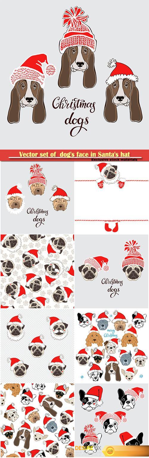 Vector set of dog's face in Santa's hat, dog animal symbol of new year 2018