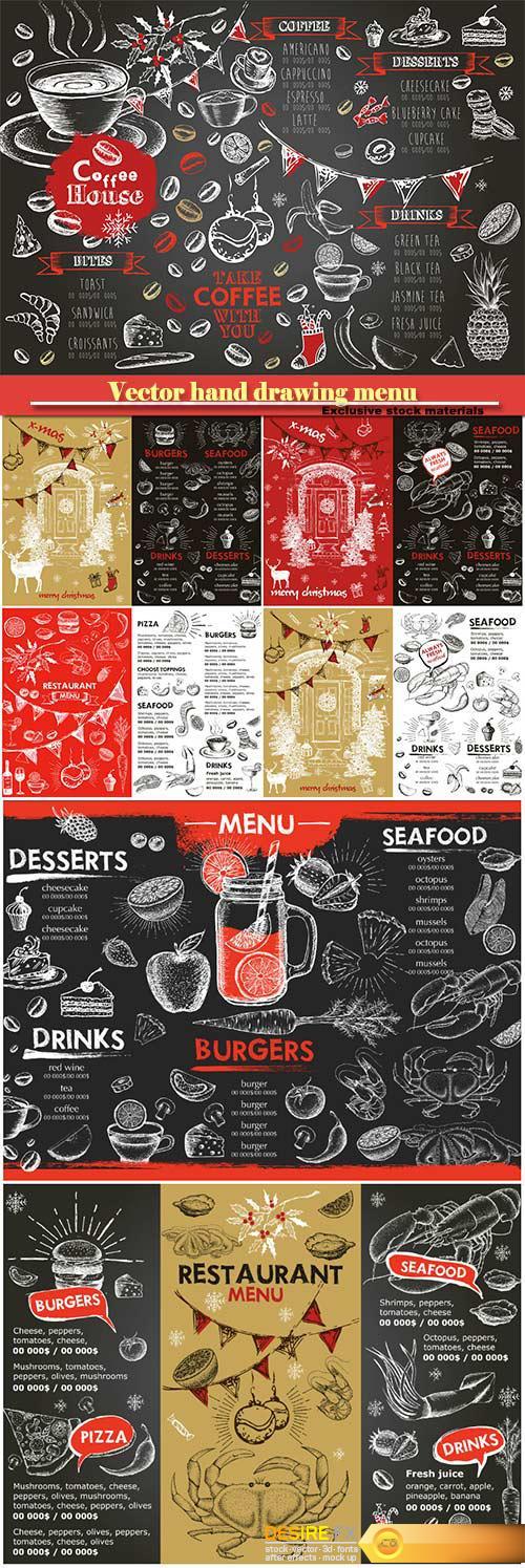 Vector hand drawing menu desserts, fast food, seafood, drinks