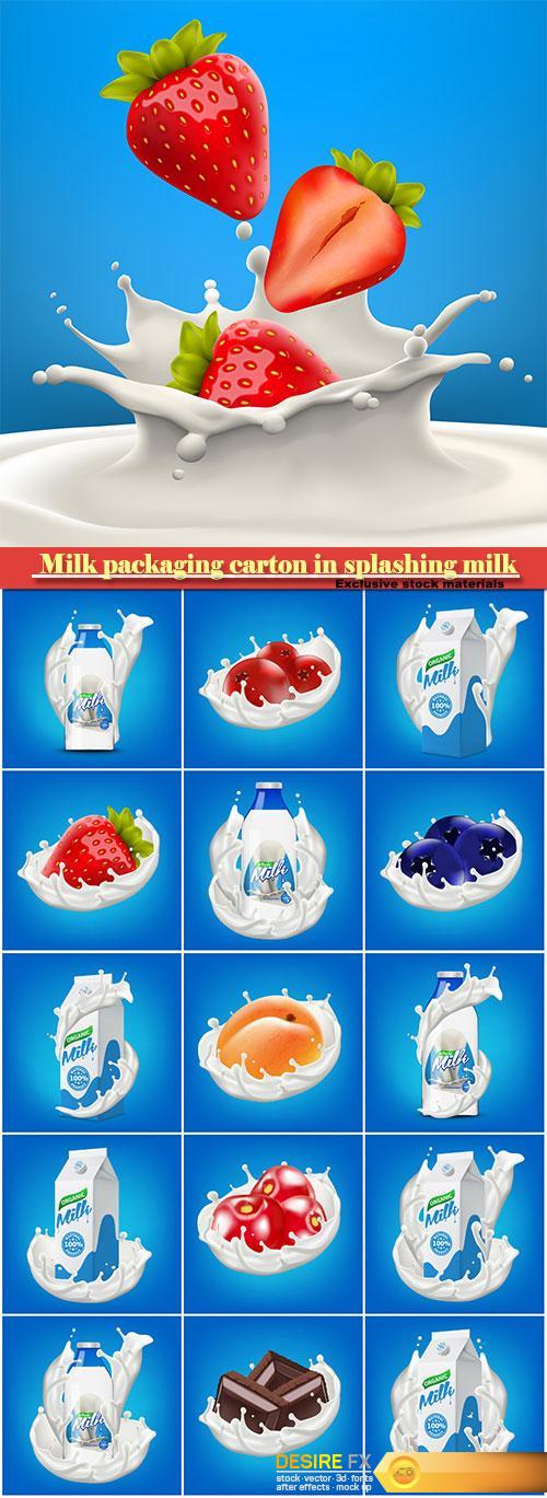 Milk packaging carton in splashing milk, fruit and berries in splashes of milk