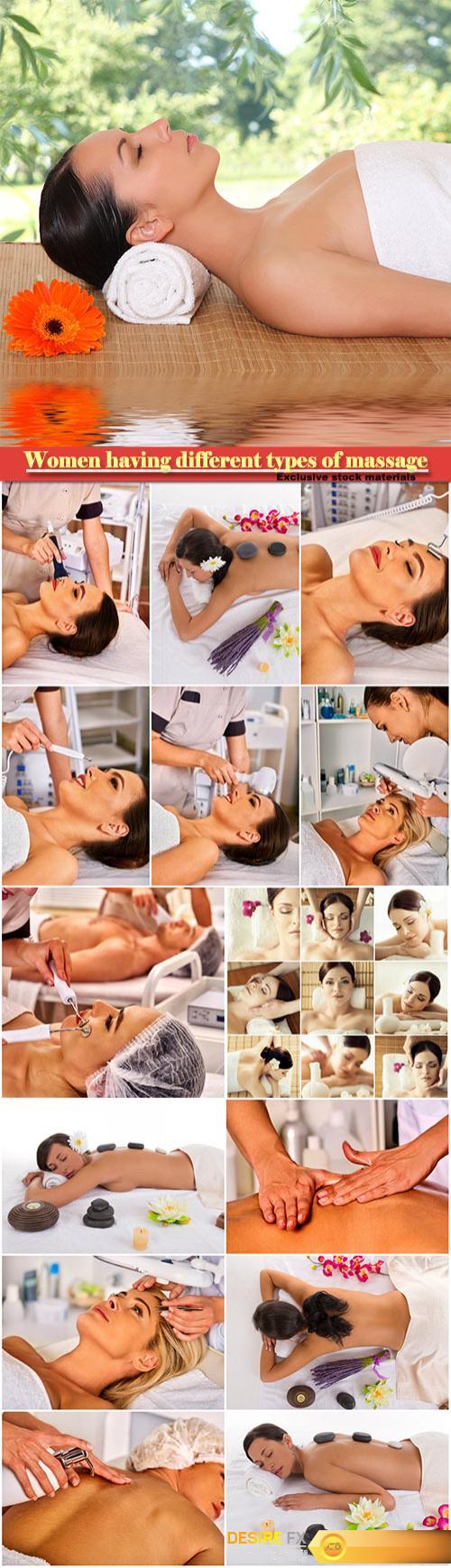 Collection of photos with women having different types of massage, spa, wellness, health care and aromatherapy college