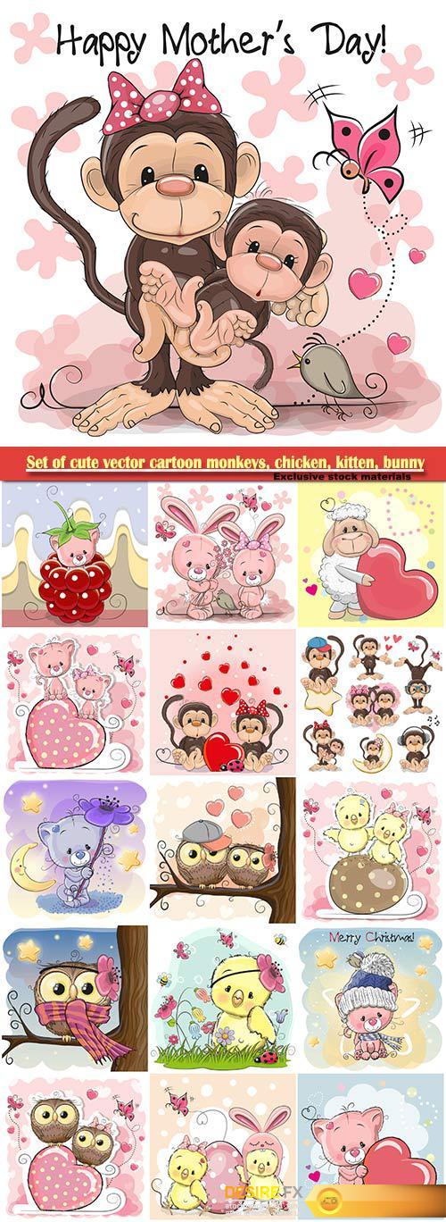 Set of cute vector cartoon monkeys, chicken, kitten, bunny