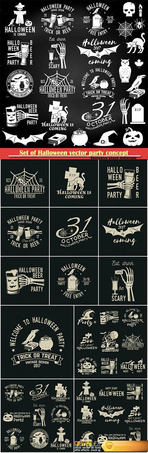 Set of Halloween vector party concept, party retro templates, badges, seals, patches with design elements