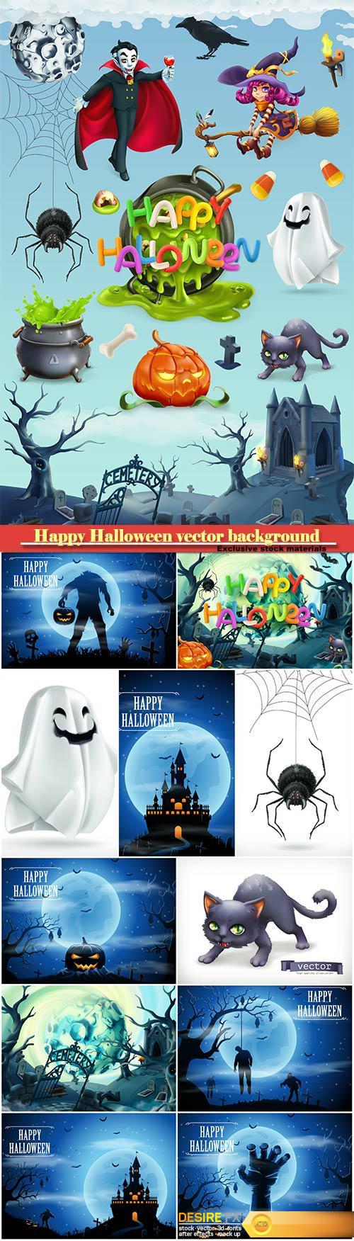 Happy Halloween vector background, pumpkin, spider, cat, witch, vampire and cemetery landscape