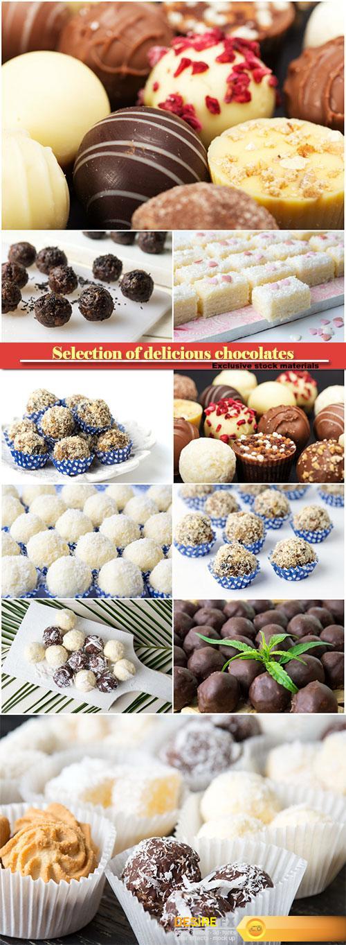 Selection of delicious chocolates, coconut spread cookies and candy