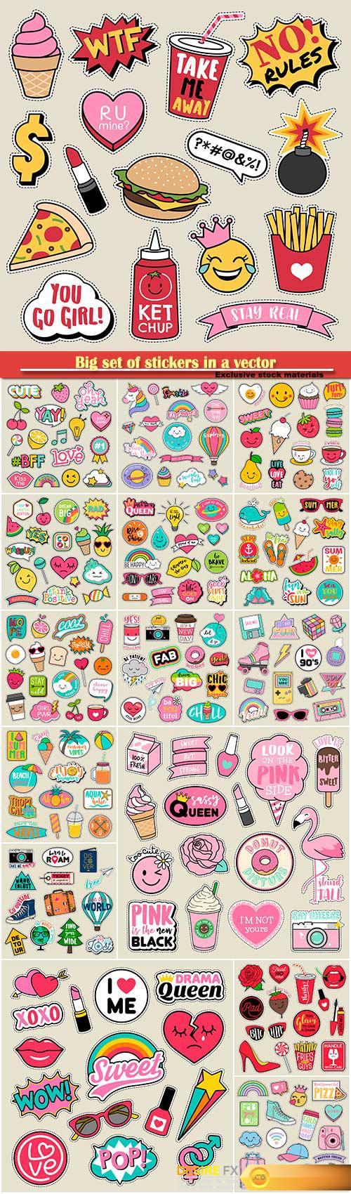 Big set of stickers in a vector, food, cosmetics, travel