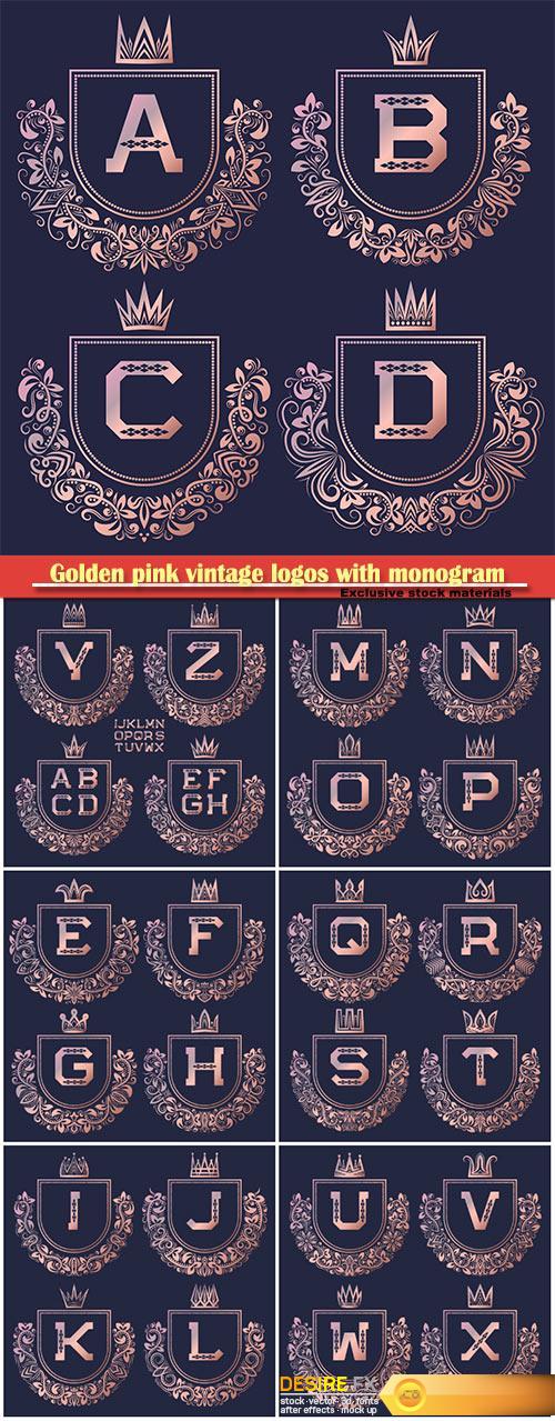 Golden pink vintage logos with monogram, gold coat of arms set in baroque style